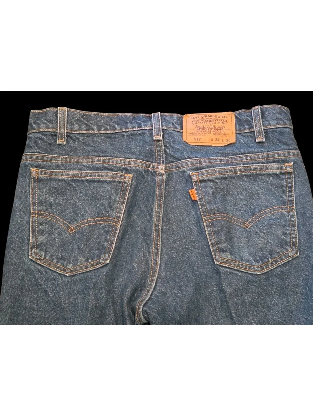 Vintage 90s Levis 517 Jeans Blue Denim Bootcut Orange Tab 34x30 Made in USA